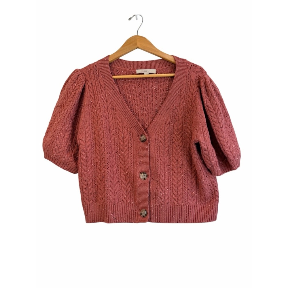 Loft Cardigan Sweater Women XL Pink Cable Knit Puff Short Sleeve V-Neck